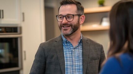 Naklejka premium Smiling Man in Glasses and Suit Jacket Talking to a Woman