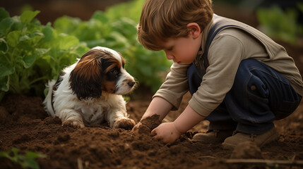 child plants a seed in the soil, with his dog