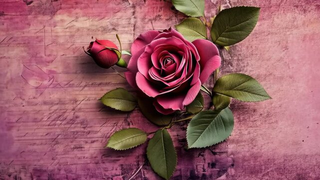 Beautiful pink rose arrangement on textured background with vintage script details, perfect for romantic occasions or decor ideas