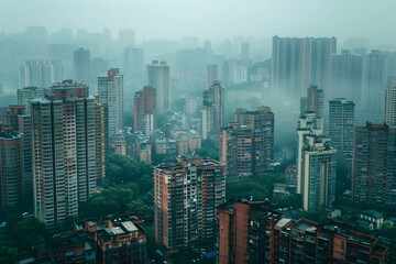 Misty Urban Landscape: A View of Skyscrapers and Dense Fog