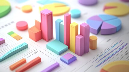 Colorful 3D Bar Graph and Pie Charts on White Paper