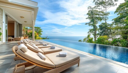 Luxury Villa Terrace Infinity Pool, Sunbeds, Panoramic Ocean Views, Tropical Getaway