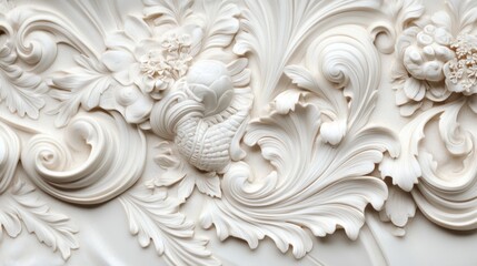 Intricate White Floral Design Carved in Relief on a Wall