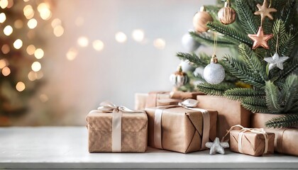 Close Up Festive Christmas Scene - side view close up of a decorated Christmas tree with sparkling lights, stars, and ornaments, Graphic artwork illustration. Hyper realistic