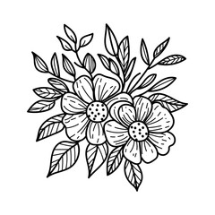 Vector black flowers bouquet, illustration outline image, botanical lines art flower, Minimalist contour drawing of flower. line drawing of flower botany.Hand drawn sketch of flower with leaves.