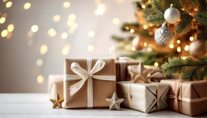 Christmas Close Up Festive Scene - side view close up of a decorated Christmas tree with sparkling lights, stars, and ornaments, Graphic art illustration. Hyper realistic