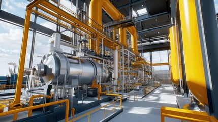 Industrial Facility with Yellow Piping and Metal Structures