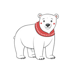 Naklejka premium Cute polar bear character wearing a red scarf on a white background for children's design concepts