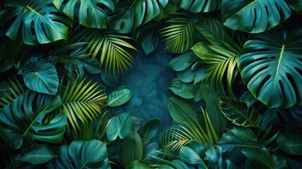 Green monstera and palm leaves tropical background with copy space, trendy summer jungle style floral colorful pattern background, colors botanical tropical leaves ,sun light and shadows.