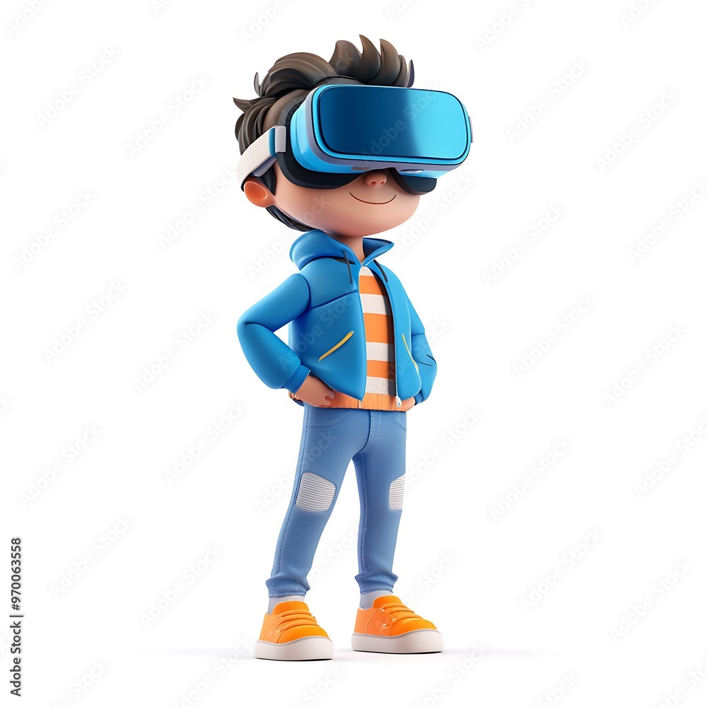 Poster Smiling cartoon boy wearing VR headset, hands on hips, 3D illustration