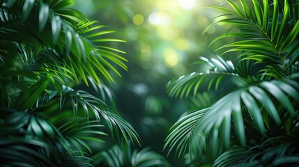 Obraz premium Colorful green tropical palm leaves with copy pace, trendy summer jungle style floral green pattern background, colors botanical tropical leaves ,sun light and shadows.