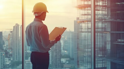 Fototapeta premium Engineer builder with a helmet and blueprints at a construction site backdrop