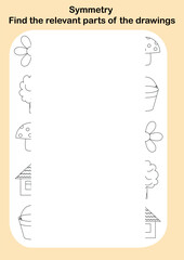 Symmetry. Find the corresponding parts of the drawings. Contour. Flower. House. Tree. Mushroom. Bucket