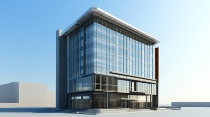 Fototapeta premium Modern Glass Facade Office Building with a Blue Sky Background