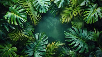 Fototapeta premium Green monstera leaves tropical background with copy space, trendy summer jungle style floral colorful pattern background, colors botanical tropical leaves ,sun light and shadows.