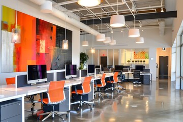 Trendy office with colorful modular workstations, unique wall decoration, and creative lighting. Spacious and bright with a modern touch.