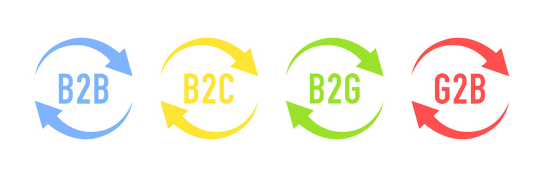 B2B, B2C, B2G, G2B business icons on background. Business to consumer. Business to government. Business to business. Marketing strategies. Vector illustration