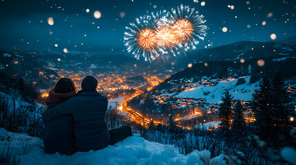 A couple watching fireworks light up the winter night sky from a snowy hill with their arms around each other and a shared sense of wonder.