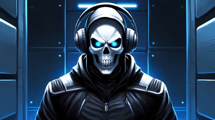 A detailed and horrifying skeleton wearing large headphones and leather jacket against a dark blue them background, creating a blend of science fiction and scary picture