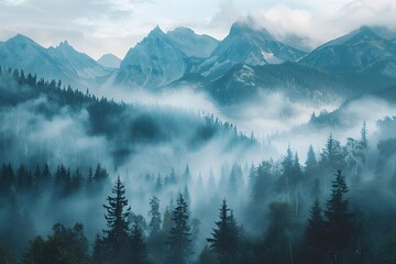 Naklejka premium Serene Mountain Landscape Shrouded in Mist and Pine Forests