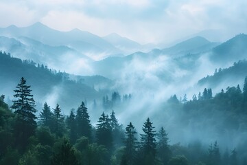 Obraz premium Serene Misty Mountains: A Tranquil Forest Landscape