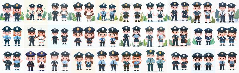 vector set of full body couple police characters with a simple and minimalist flat design style. white background