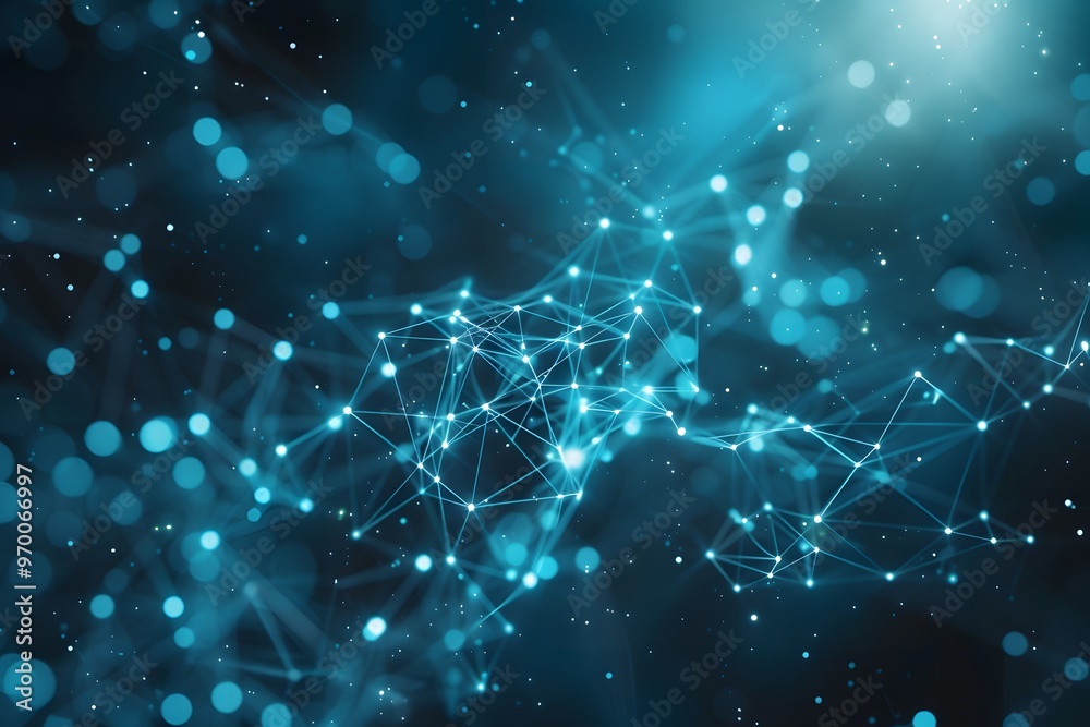 Poster abstract digital network with blue bokeh and connecting lines