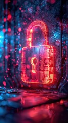 Cyber security and data protection on internet. virtual lock shield, secure access, encrypted connection. Password protected system and storage. Cybersecurity technology red background