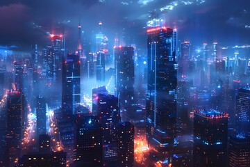 Stunning Nightscape of a Futuristic City Illuminated by Neon Lights