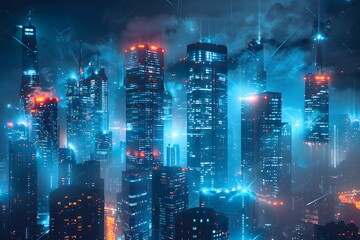 Obraz premium Futuristic Cityscape Illuminated by Neon Lights and Misty Atmosphere