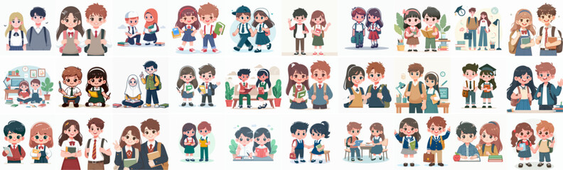 vector set of couple school children characters with flat design style