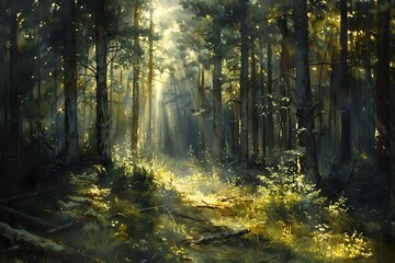 Obraz premium Enchanted Forest: Sunlight Streaming Through Trees in a Serene Woodland Scene