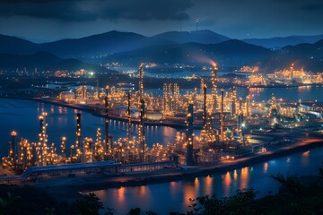 Fototapeta premium Nighttime View of a Vibrant Oil Refinery with Illuminated Structures and Scenic Mountains