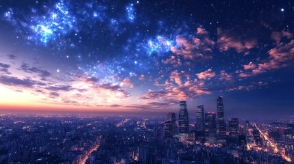 Fototapeta premium Nighttime View of a City Skyline with Starry Sky and Clouds