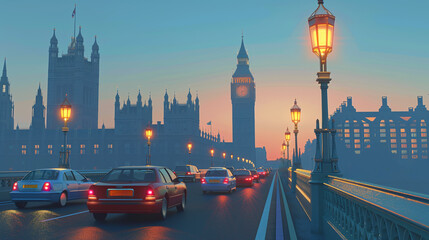 Obraz premium realistic panorama view of london city sunset, big ben land mark, uk streets and buildings, , urban illustration of civilized modern first world country, London city view