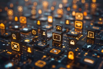 Digital Network of Glowing Icons Representing Technology and Connectivity