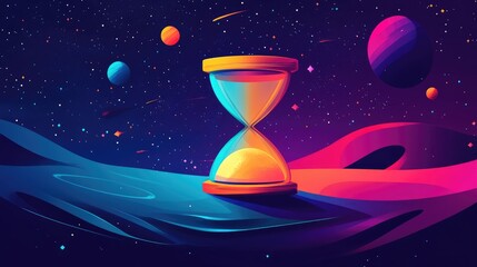 Naklejka premium Surreal Space Landscape with Hourglass and Vibrant Planets Under a Starry Sky