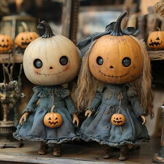 Happy, very funny dolls with pumpkin heads, autumn concept, Thanksgiving and Halloween concept