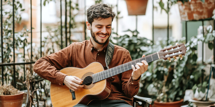 A young smiling man playing guitar on the terrace of a house. Home rest, relaxation, leisure in a private house