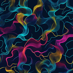 Neon abstract colorful background with lines. Seamless repeating pattern, squiggles and swirls