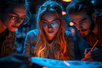 A group of friends engaged in a thrilling escape room challenge, solving puzzles together. Concept of problem-solving and adventure.