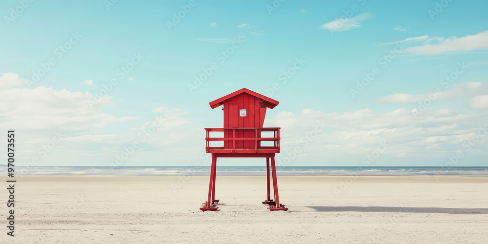 Wall mural close up of lifeguard house on empty sandy beach at autumn. the end or final of the beach season