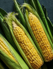 Overhead view of Fresh Ripe corn with cut sliced halves food summer background. healthy food background