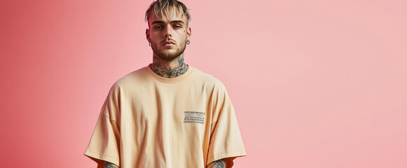 Obraz premium Modern young man with tattoos on his body in oversize clothes on colored background with copy space