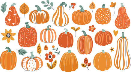 Set of autumn pumpkins of different shapes. Folk style and warm colors. Boho autumn pumpkins, leaves and flowers. White background
