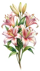 Fototapeta premium bouquet of lilies isolated on white, illustration of lily flowers isolated on white