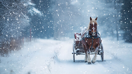 A horse-drawn sleigh moving through a snowy countryside with snowflakes gently falling.