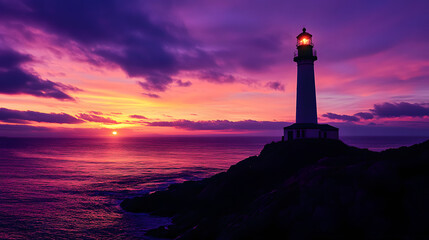 A lighthouse standing tall on a rocky cliff silhouetted against a dramatic sunset with the sky filled with deep purples and fiery oranges guiding ships safely through the night.