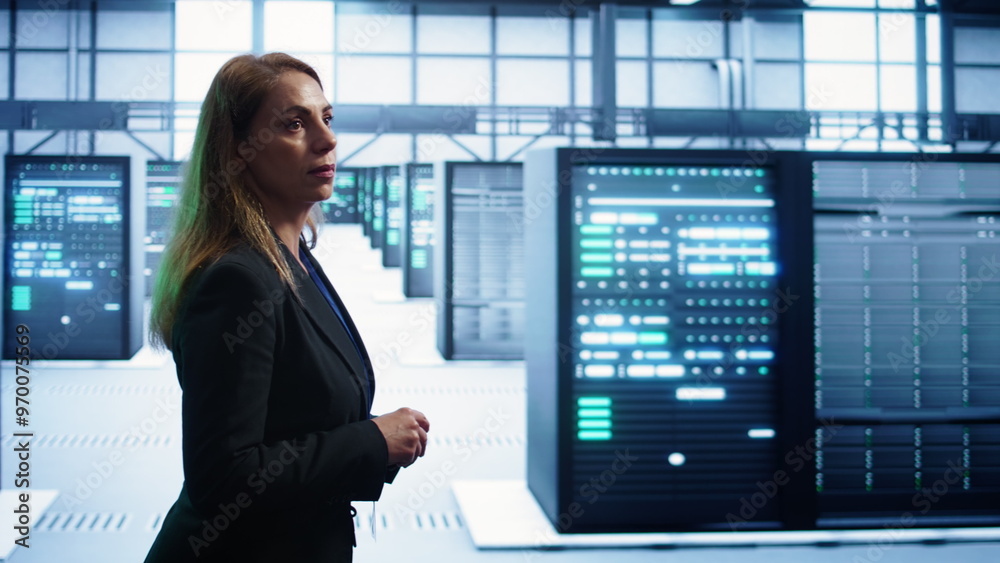 Poster engineer walking in data center workspace, monitoring systems to identify root cause of errors. woma