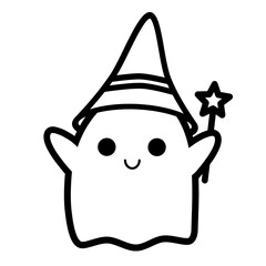 Outline of cute ghost with witcher hat and magic wand raster drawing